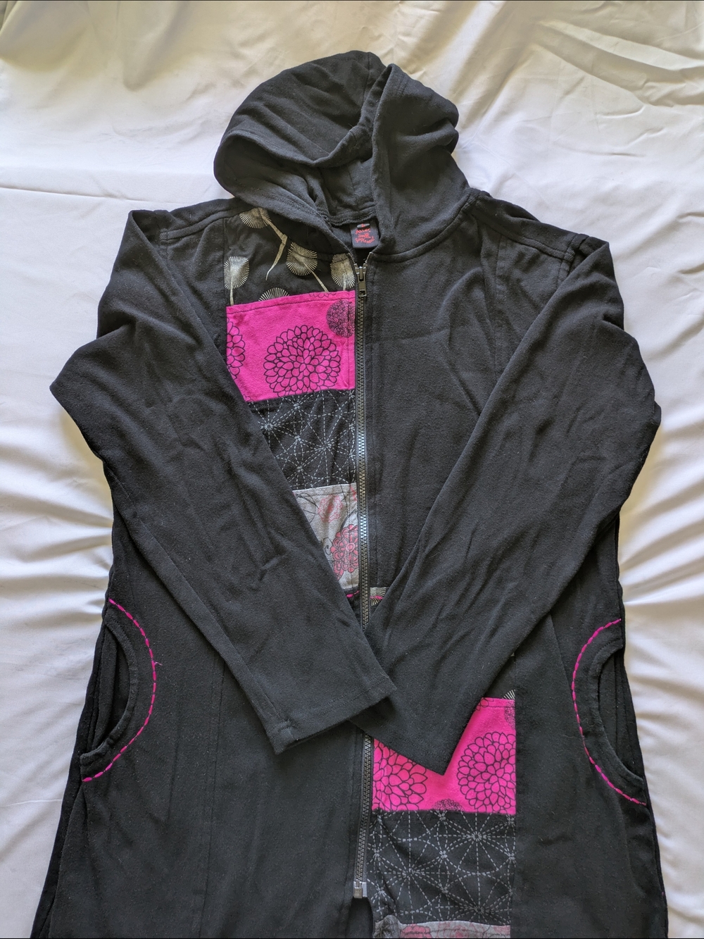 Aller Simplement Boho Patchwork Full-Zip Hoodie Sweatshirt Jacket -Black Size L